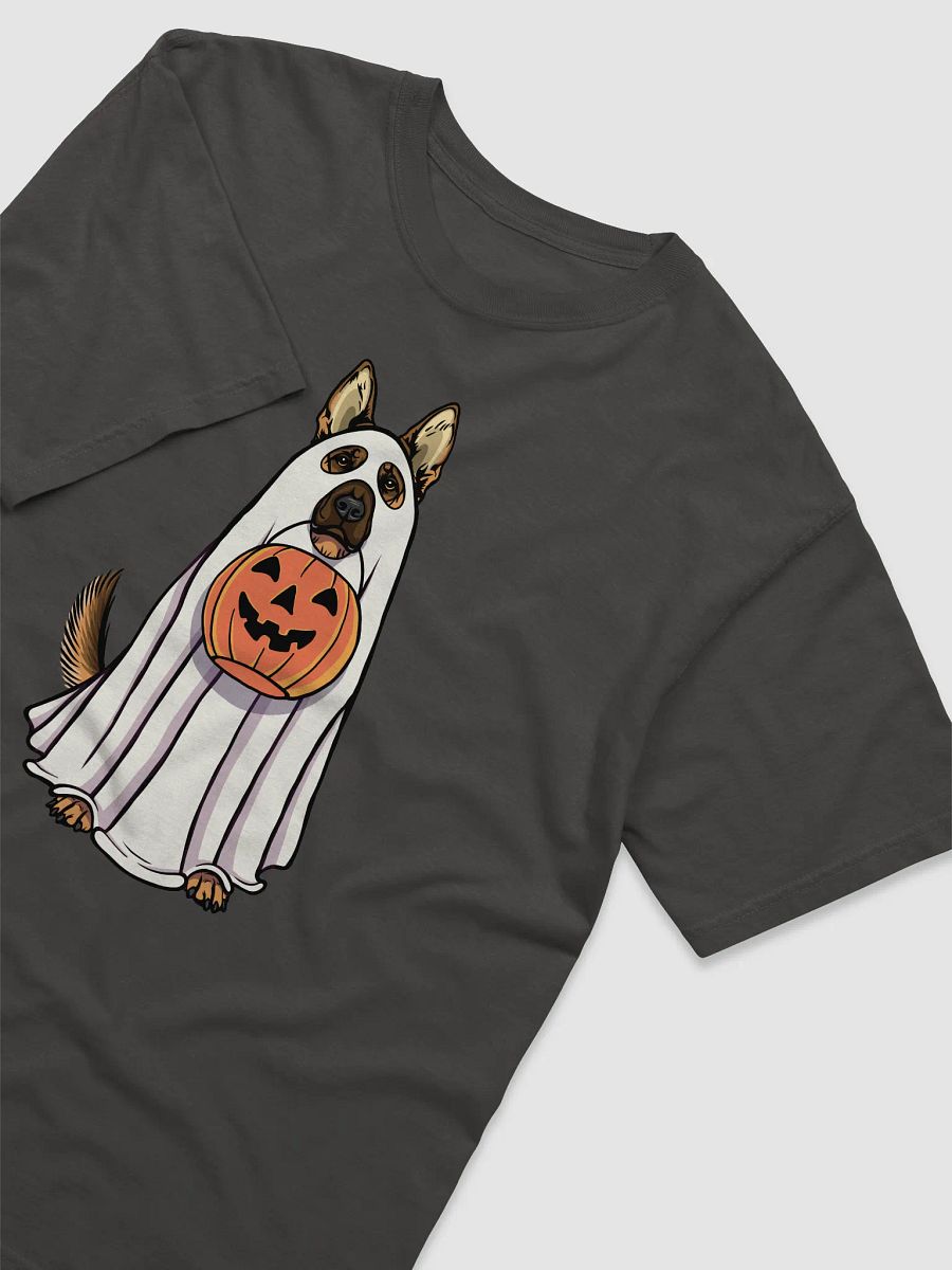Funny Halloween German Shepherd T-Shirt | Funny GSD Wearing a Ghost Costume and Holding a Pumpkin Basket product image (19)