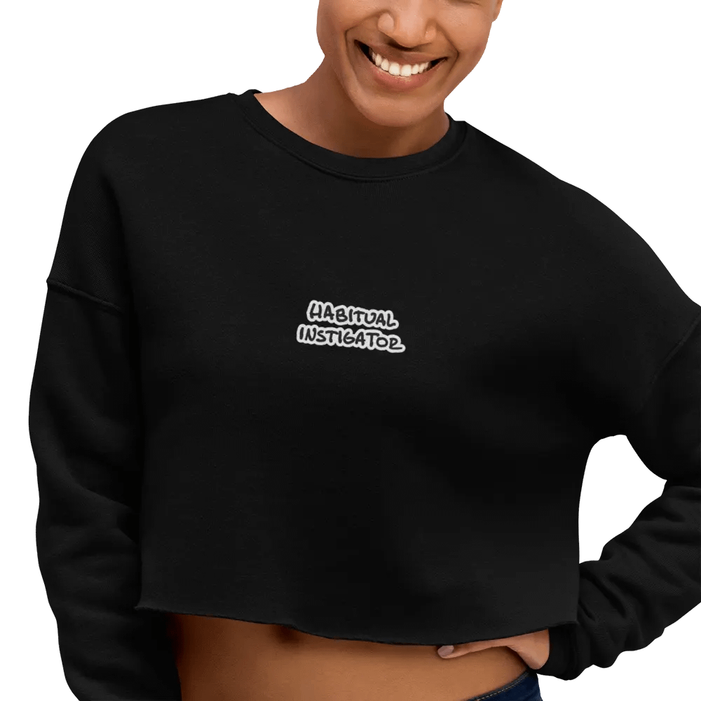HABITUAL INSTIGATOR (B&W thread) embroidered fleece crop crew product image (10)