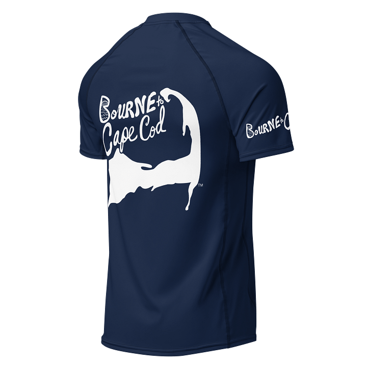 BRN.2C.C.™/BOURNE to Cape Cod™ | Men’s Performance Rash Guard | Recycled UPF 50+ Surf Shirt | White Logos on Navy Blue product image (2)