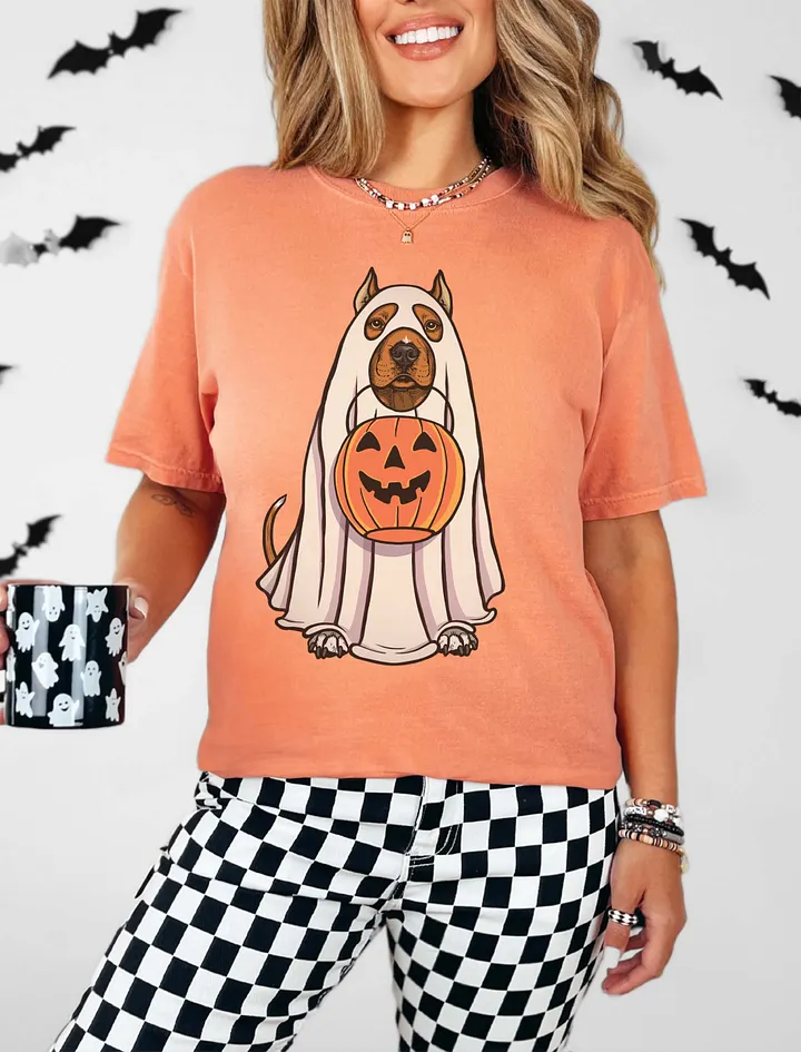 Funny Halloween Pitbull Terrier(Cropped Ears, Red) T-Shirt | Funny Pittie Wearing a Ghost Costume and Holding a Pumpkin Basket product image (19)