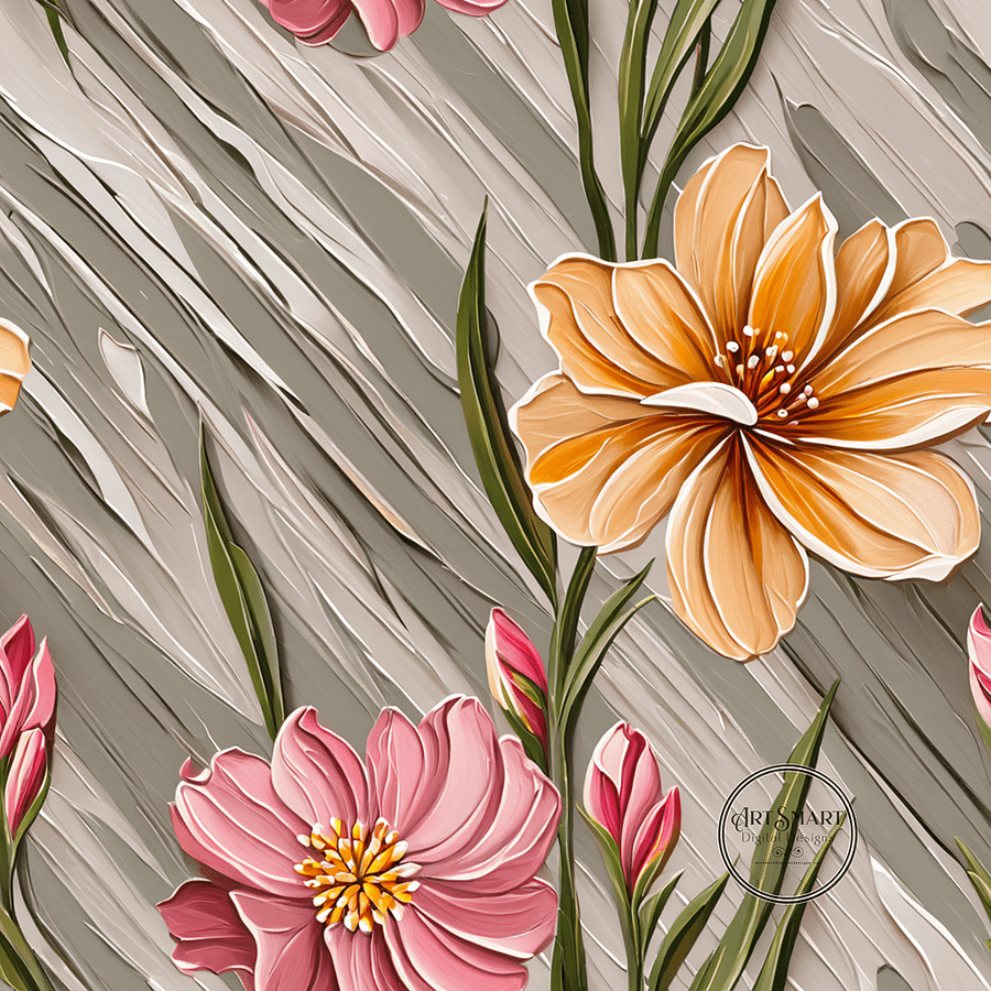 Seamless Pattern - Painted Flowers in Shades of Yellow and Pink on a Textured Khaki Background product image (1)