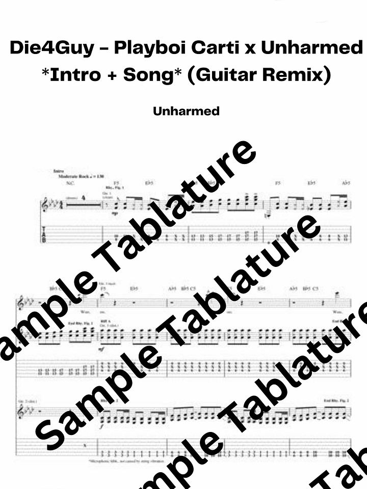 Die4Guy - Playboi Carti x Unharmed (Guitar Remix) *Intro + Song* Guitar Tablature product image (1)