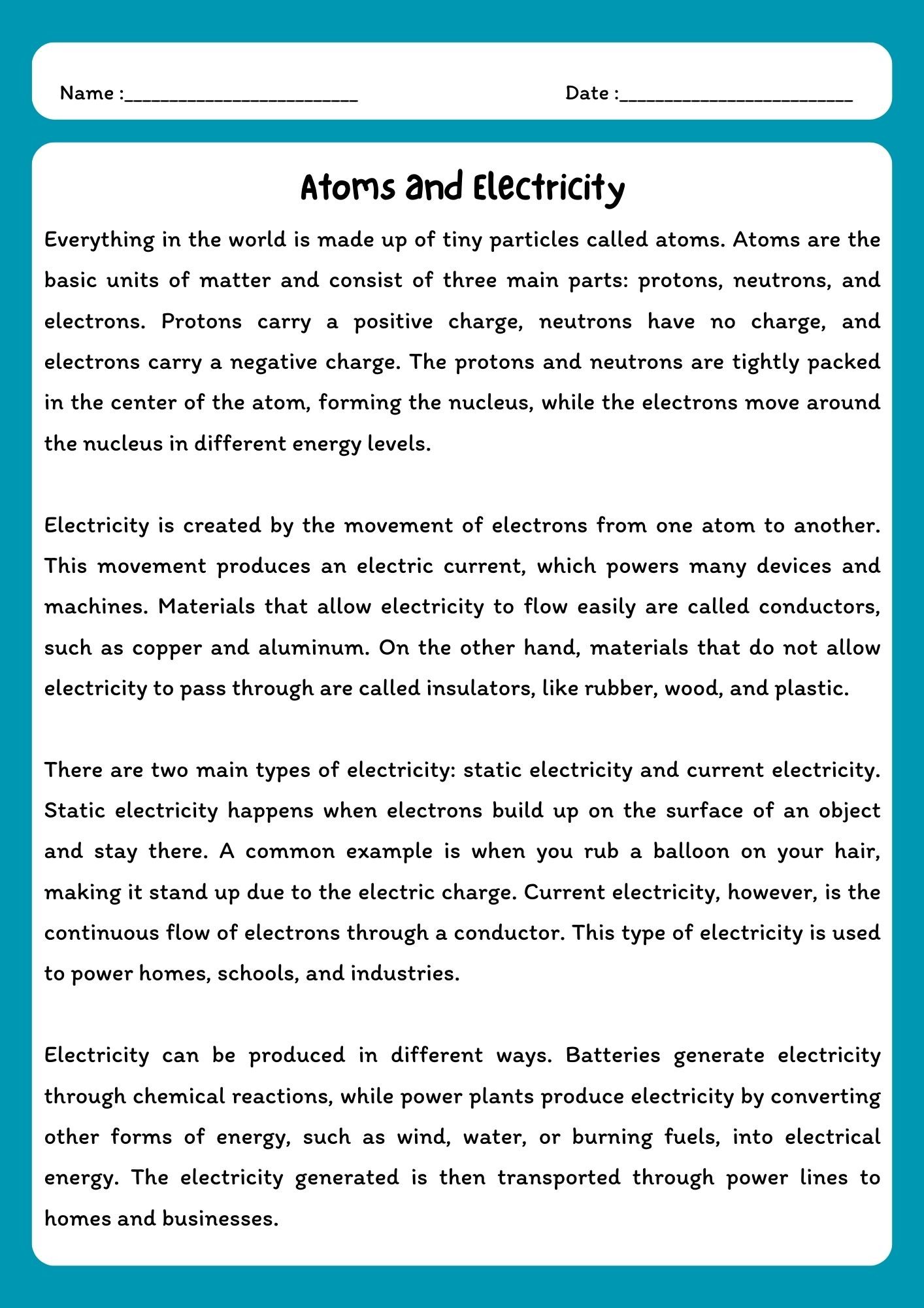 Atoms and Electricity - Reading Comprehension with Questions product image (1)
