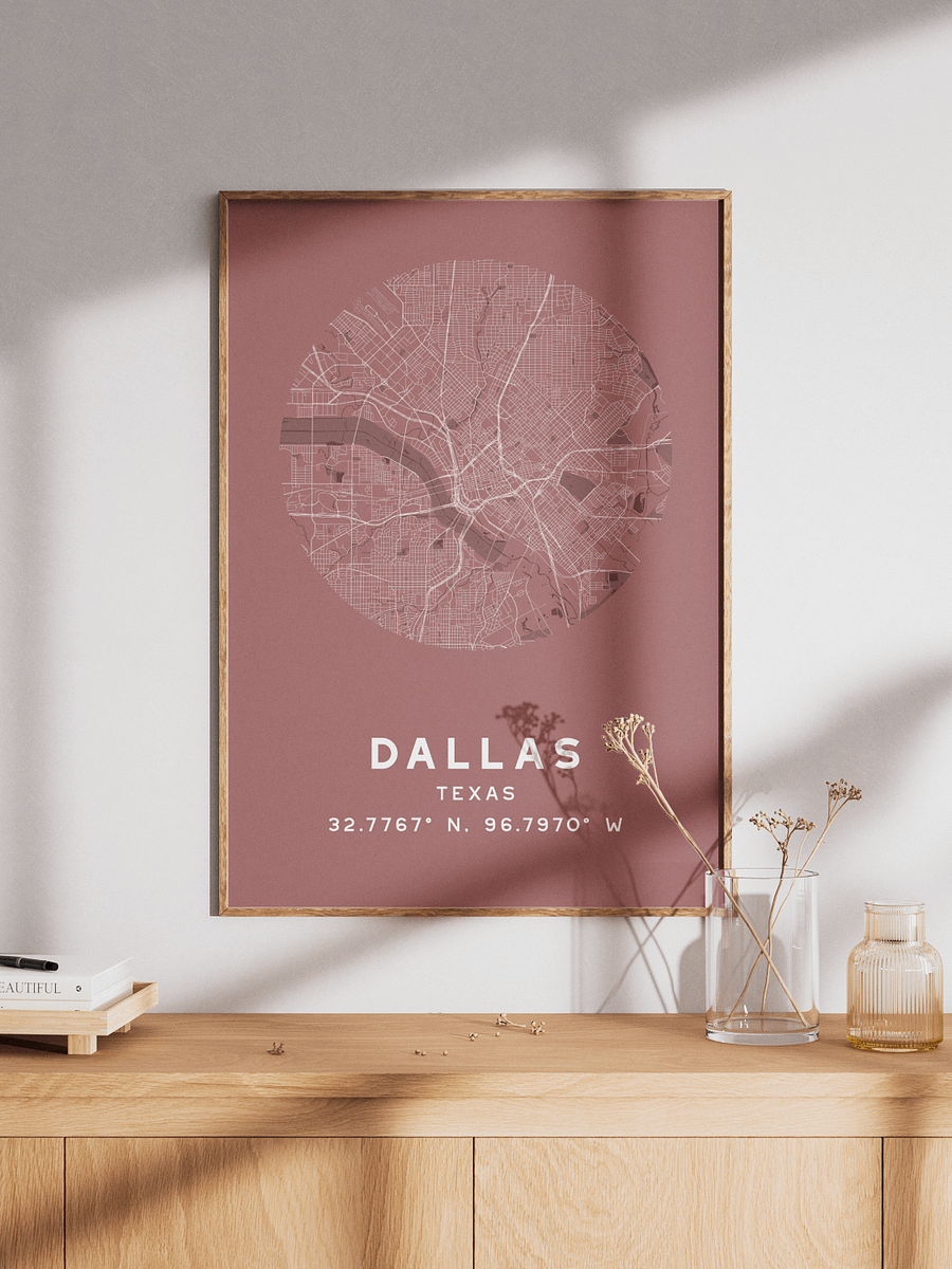 Dallas Street Map Poster – Red Minimalist Circular City Art product image (1)