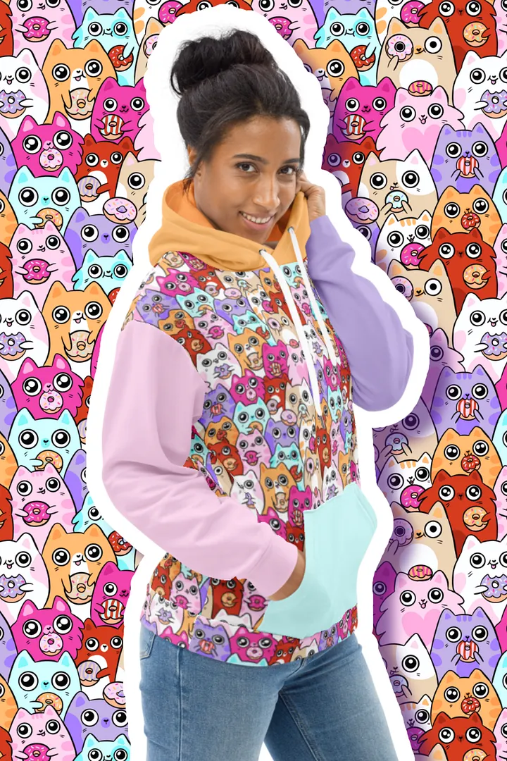 Colorful Doughnut Loving Cat Faces All-Over Print Hoodie product image (2)