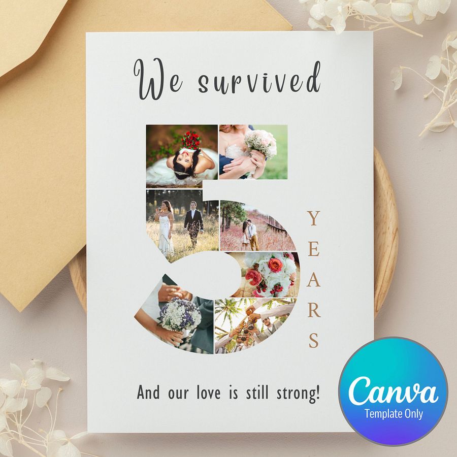 5 Year Anniversary Photo Card Editable Canva Template product image (1)