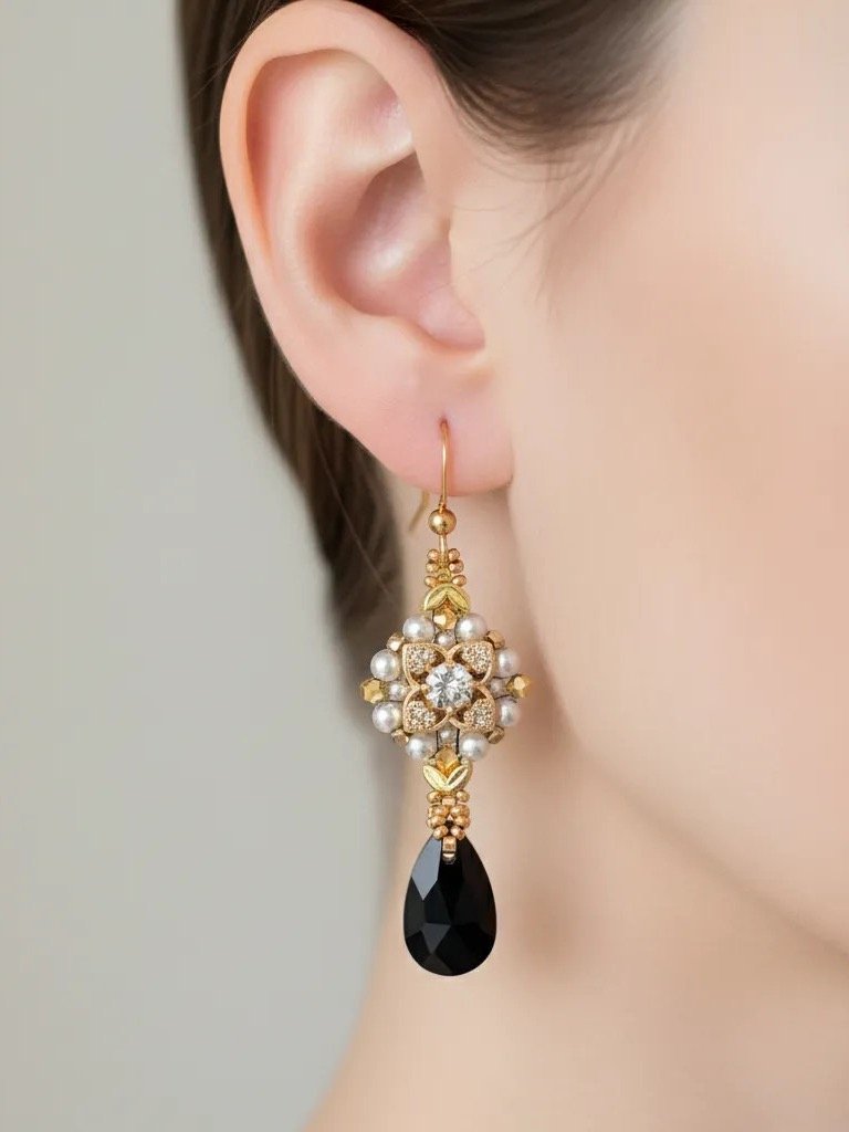 Gilded Kiss Beaded Pearl and Crystal Earrings - Gold, Black product image (1)