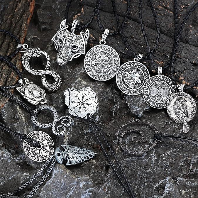 12-Piece Viking Amulet Set – Vegvisir Compass Necklaces with Gift Bag | Norse Protection & Power Collection. product image (4)