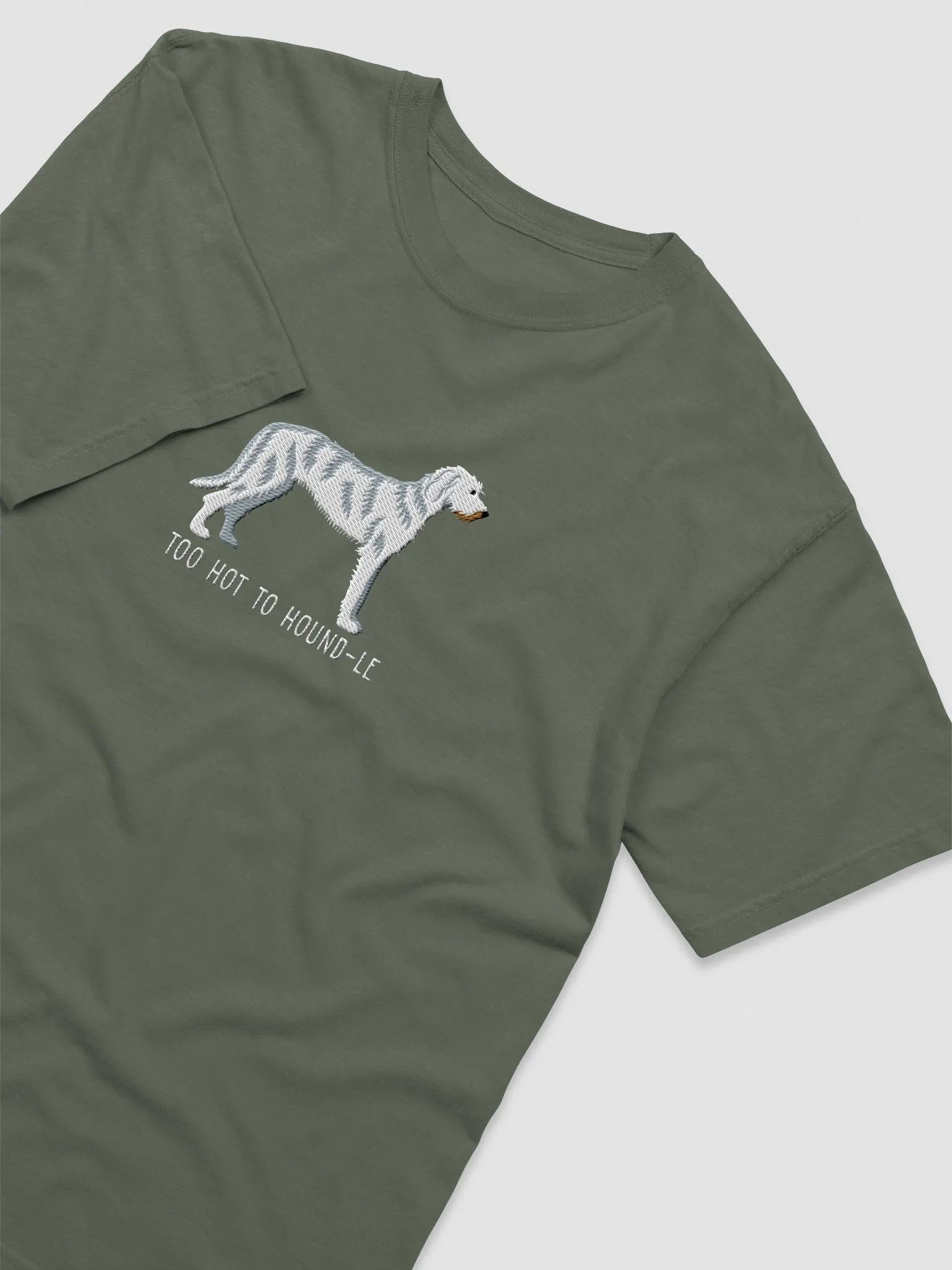 Too Hot to Houndle T-Shirt(Embroidered) of an Irish Wolfhound(White) product image (6)