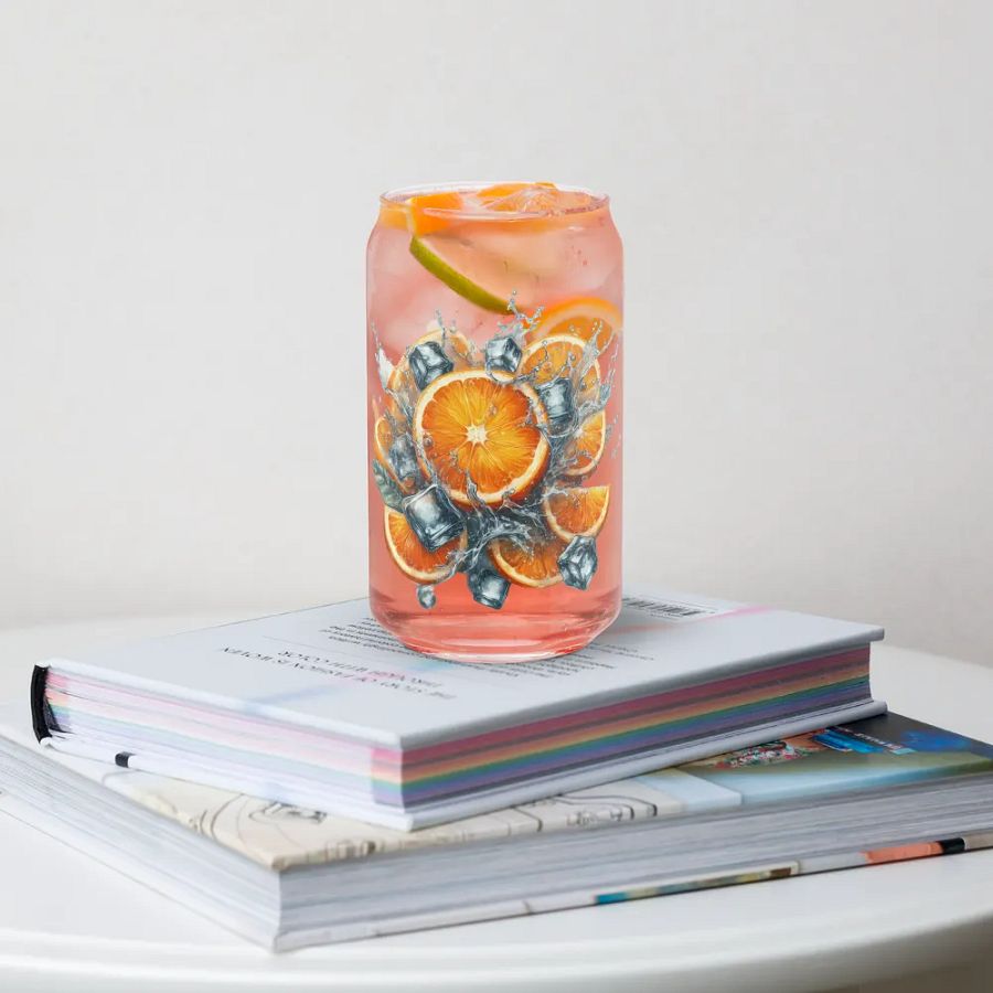 Orange fruit slices floating in the water, water and ice cubes design_01-Can-Shaped Glass product image (4)