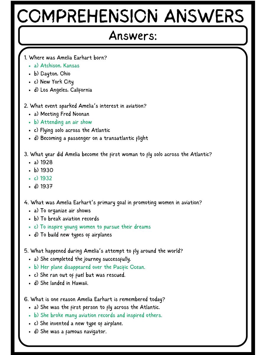 Amelia Earhart READING COMPREHENSION WITH 6 QUESTIONS PDF WORKSHEET product image (4)