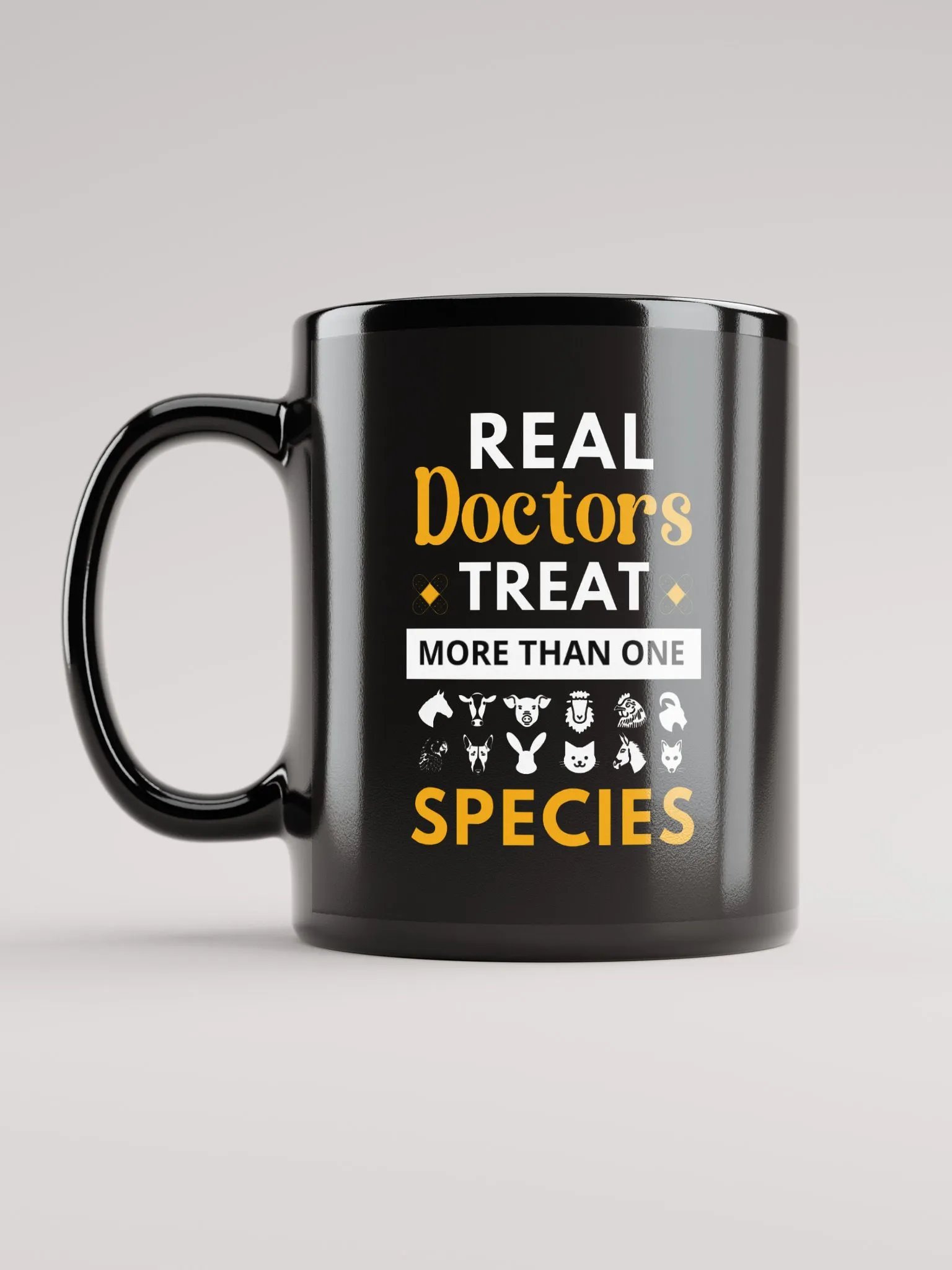 "Real doctor treat more than one species" black glossy mug product image (5)