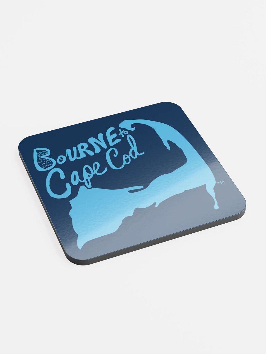 BOURNE to Cape Cod™ | Coastal Coaster | Glossed Cork | Eco-Friendly | Minimalist Coastal Decor | 3.74" Square | Blue Logo on Navy product image (2)
