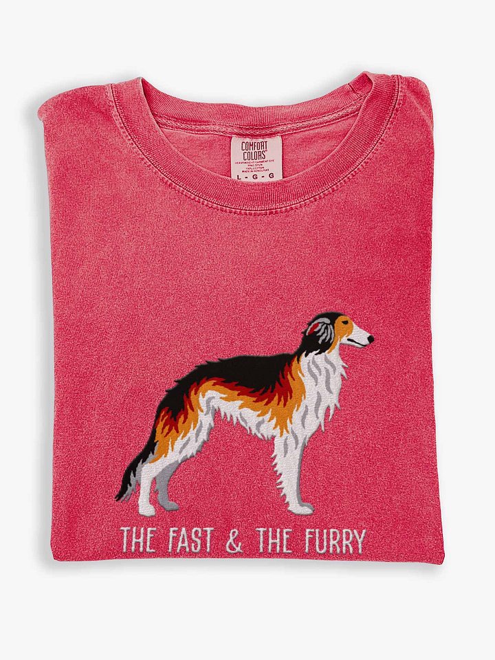 The Fast & The Furry T-Shirt(Embroidered) of a Silken Windhound(Sable) product image (1)