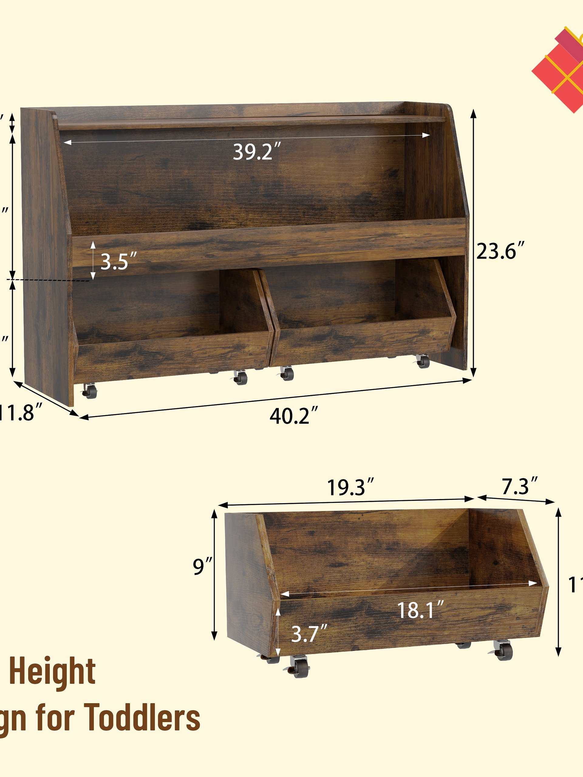 2-Tier Portable Toy Storage, Kids Toy Organizer W/2 Removable Bins with 4 Wheels（Brown) product image (2)