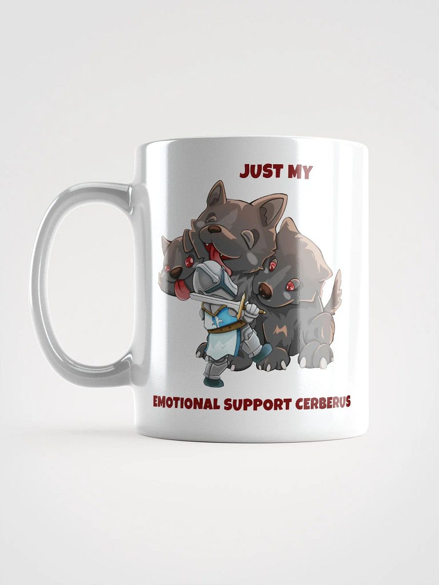 Emotional support Cerberus & Knight white ceramic mug 11oz 15oz 20oz for gamers and dog lovers product image (6)