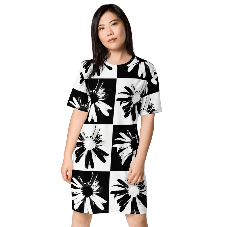 Abstract Black and White Daisy Flowers Ladies T Shirt Dress product image (9)