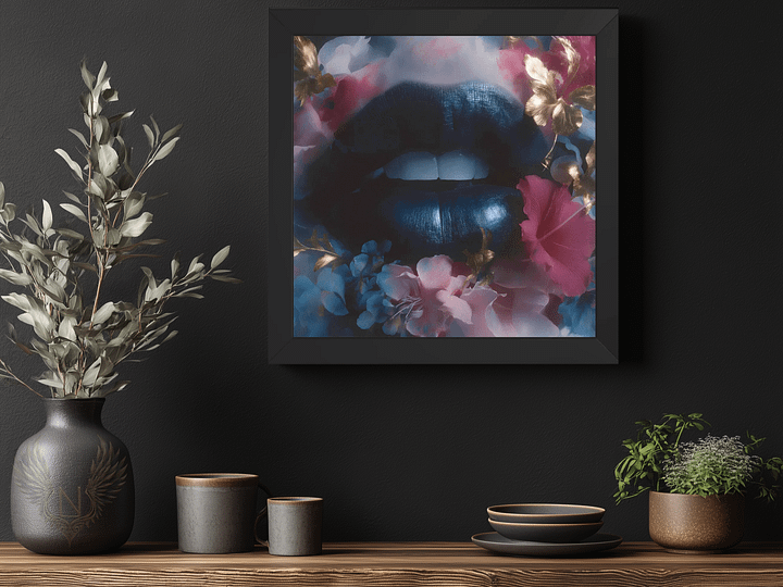 Velvet Bloom: Bold Lips & Floral Fantasy Wall Art Print product image (2)