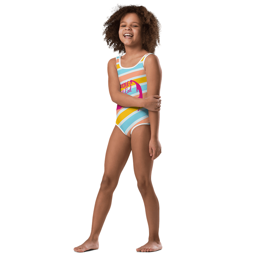 Girls' | One-Piece Swimsuit | BOURNE to Cape Cod™ | Pink Front Logo on Bright Stripes | Vibrant & Durable Summer Swimsuit product image (4)