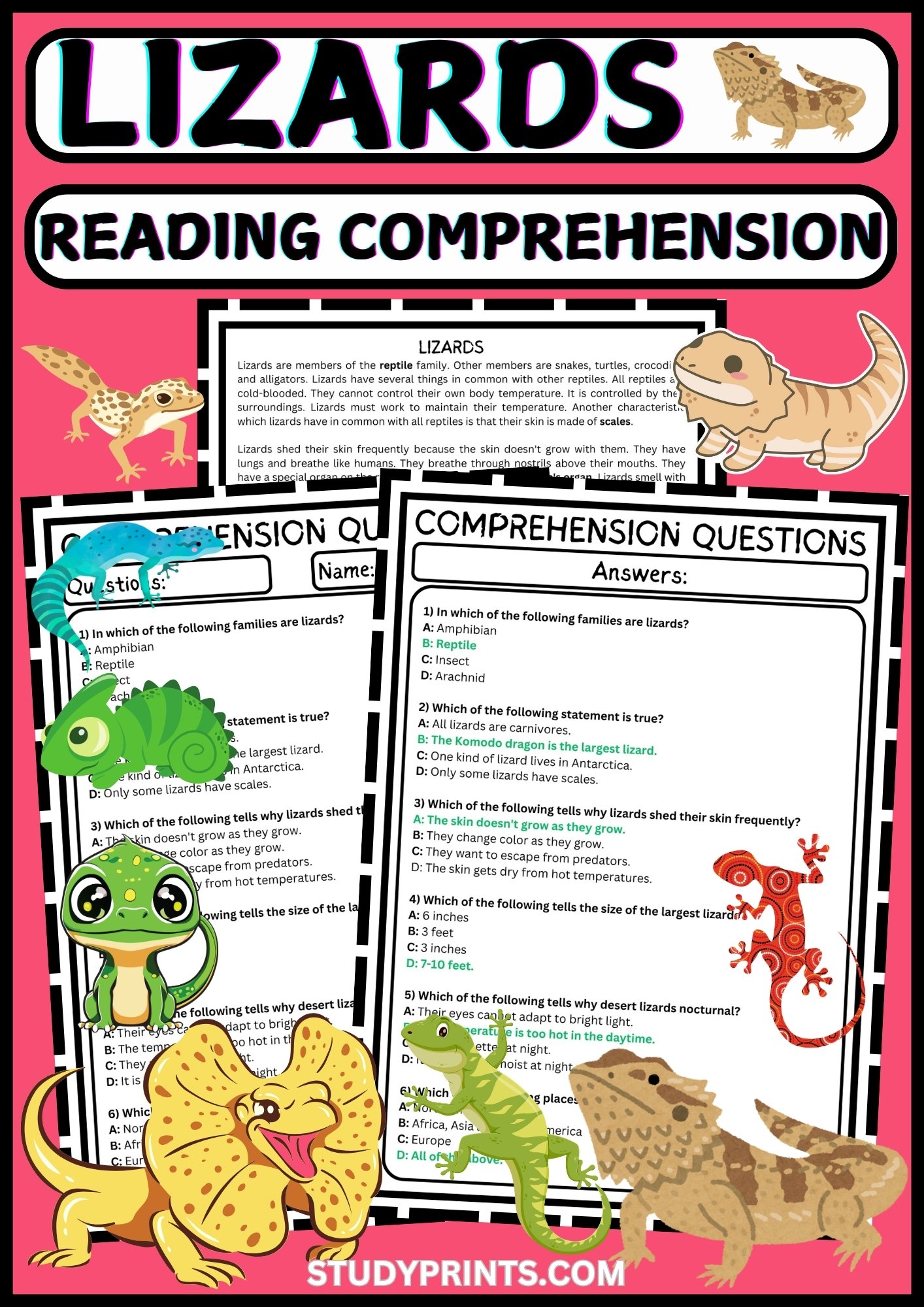 lizards READING COMPREHENSION | MULTIPLE-CHOICE QUIZ & ANSWER KEY product image (1)