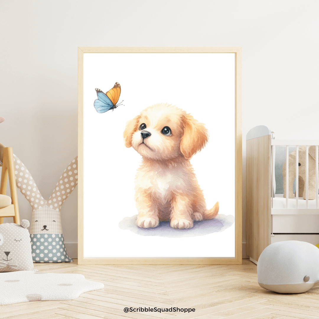 Curious Puppy and Butterfly Wall Art - Whimsical Nursery Decor product image (1)