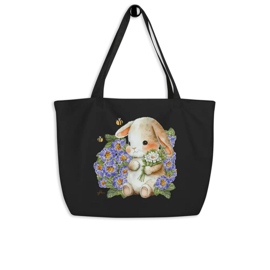 Garden Whispers: Bunny and the Primula Zebra Blues Organic Cotton Tote Bag (Large) - Eco-Friendly, Durable, Stylish product image (5)