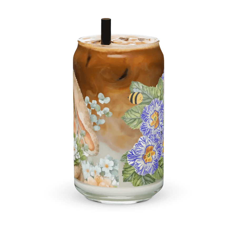 Garden Whispers: Bunny and the Primula Zebra Blues | 16oz Glass Can | Nature-Inspired Drinkware product image (11)