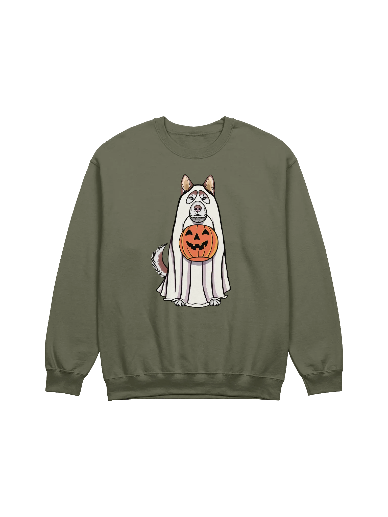 Funny Halloween Siberian Husky(Red) Sweatshirt | Funny Husky Wearing a Ghost Costume and Holding a Pumpkin Basket product image (17)