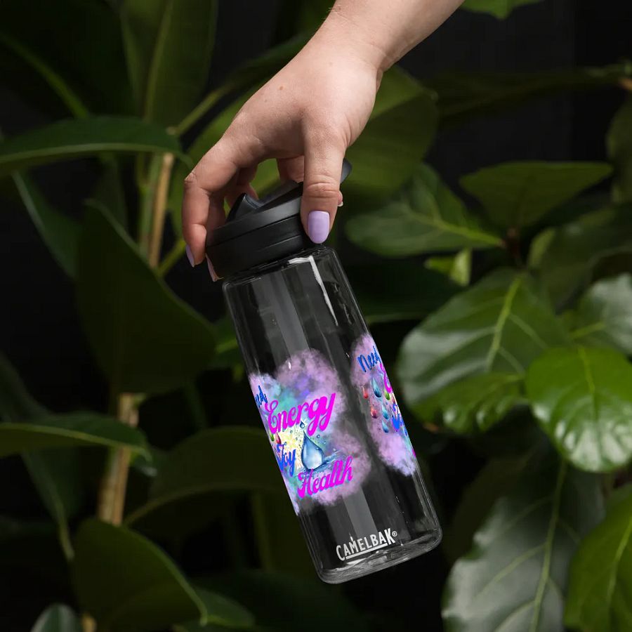 Camelback water bottle with beautiful swirly blue water  splash and drops design featuring ' Need  Energy Love Health