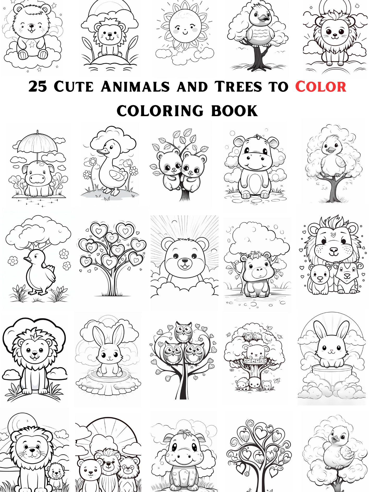 25 CUTE ANIMALS AND TREES TO COLOR 🎨 PRINTABLE ANIMALS COLORING BOOK 🖍 product image (1)