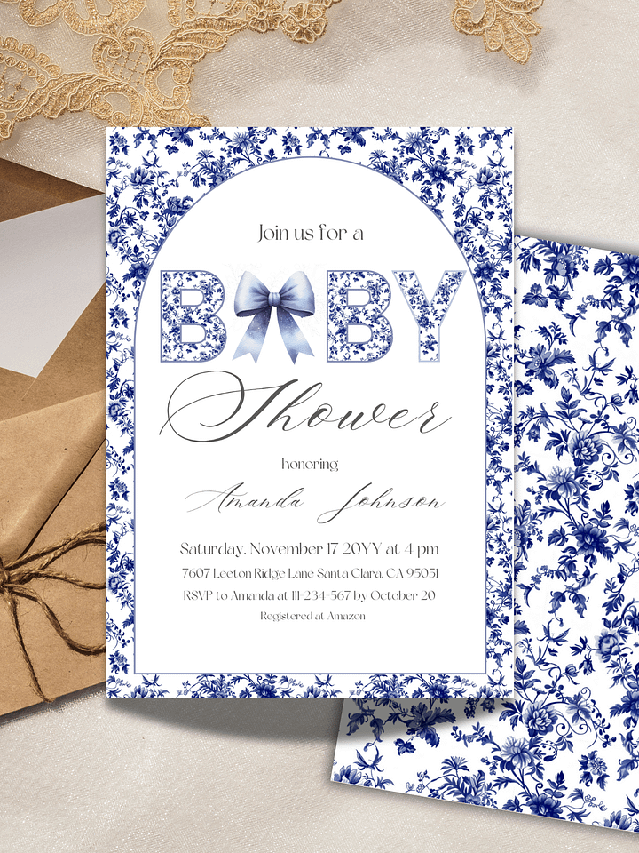 Blue Toile de Jouy and Bow Baby Shower Invitation, Chinoiserie Floral Theme, Boy Baby Shower Invite for Digital Download product image (2)