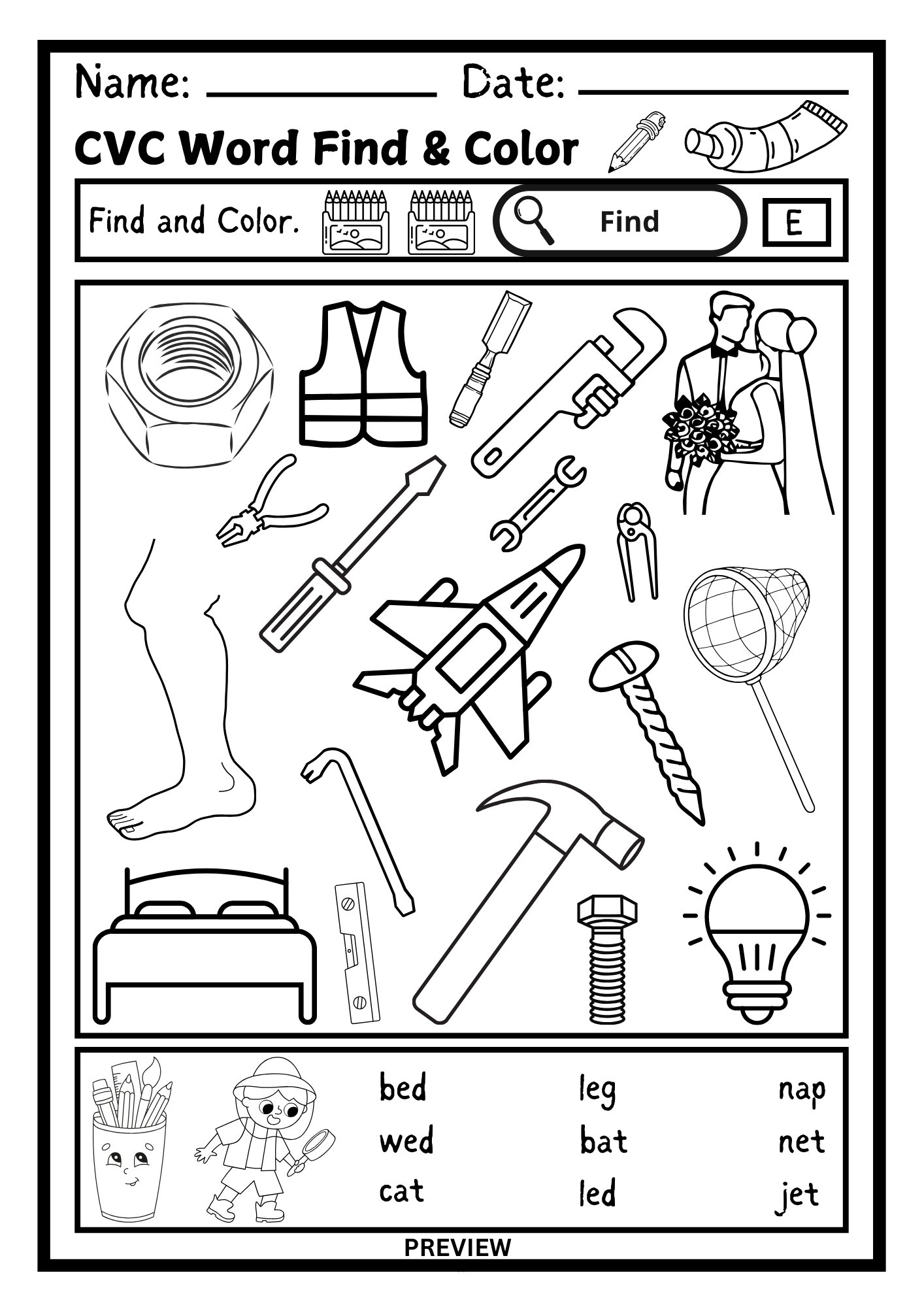 Find and Color - CVC Word Fun Worksheets PDF Printable product image (2)