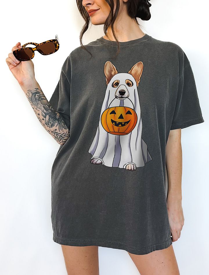 Welsh Corgi(Tricolor) Halloween Tee | Funny Fall & Halloween Corgi Wearing a Ghost Costume with Pumpkin Basket product image (6)