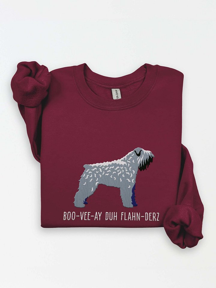 Boo-Vee-Ay Duh Flahn-Derz Sweatshirt (Embroidered) of a Bouvier Des Flandres(Salt & Pepper) product image (1)
