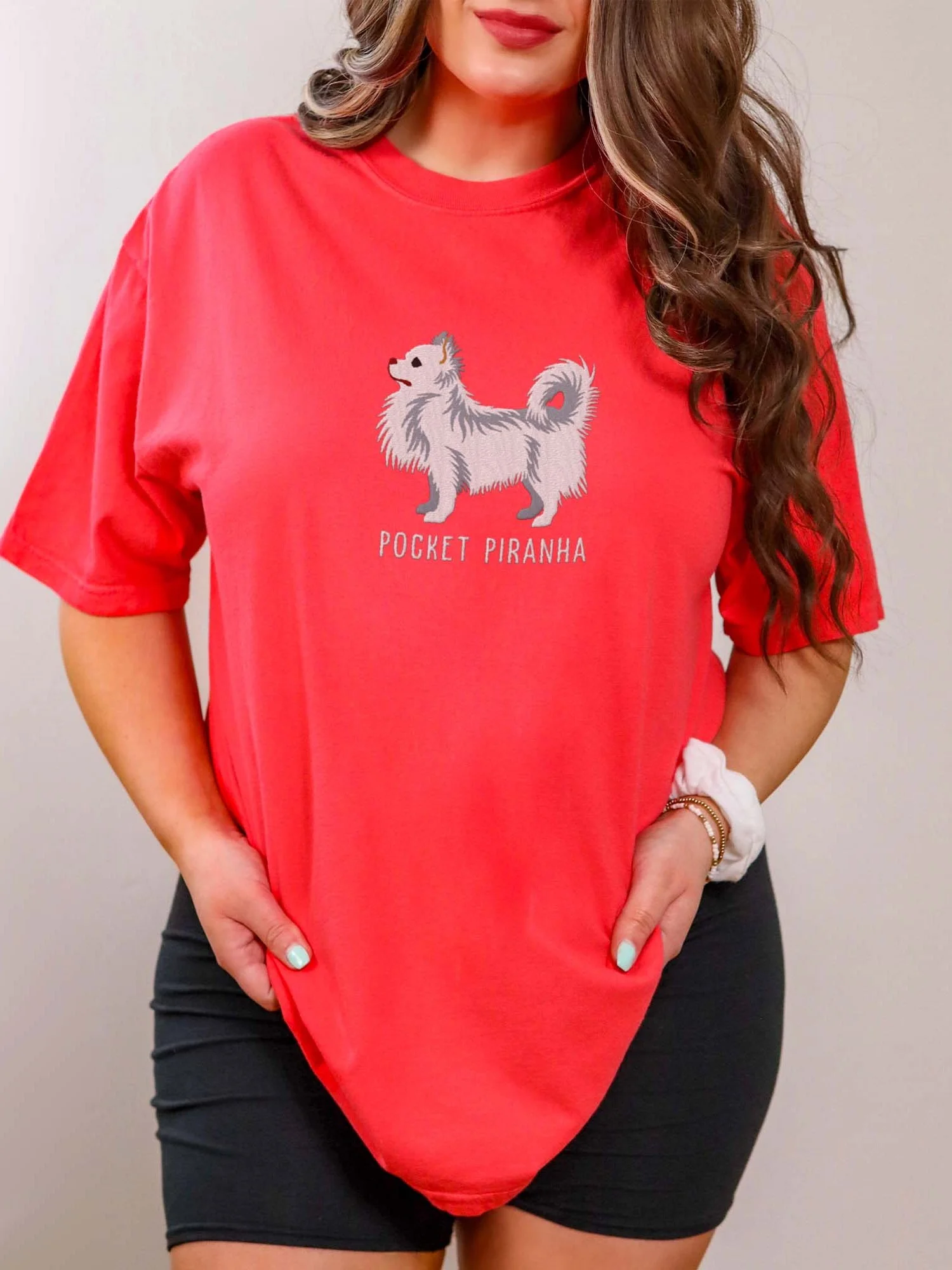 Pocket Piranha T-Shirt(Embroidered) of a Longhaired Chihuahua(White) product image (2)
