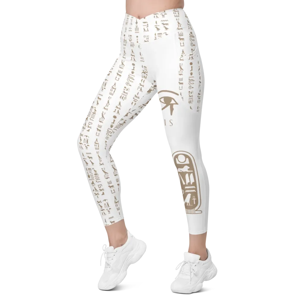 Nefertiti White Hieroglyphs All-Over Print Crossover Leggings with Pockets product image (5)