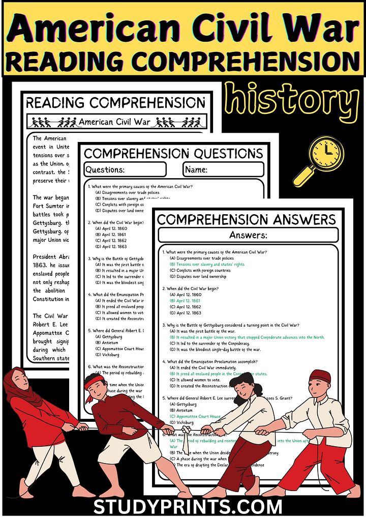American Civil War Reading Comprehension Worksheet with 6 Questions PDF product image (1)