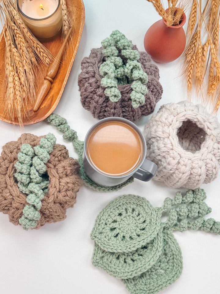 Crochet Pumpkin with Leaf Coasters Pattern product image (1)