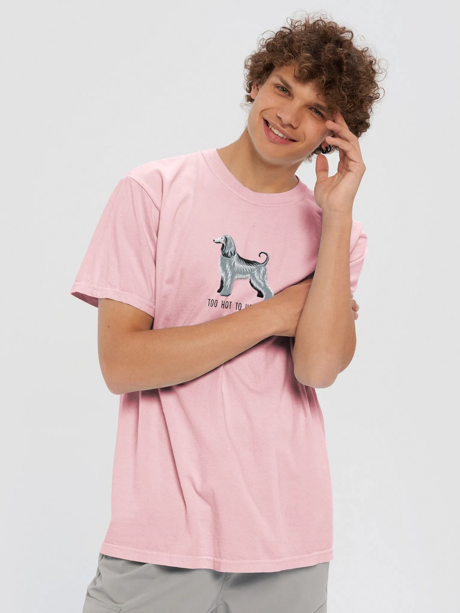 Too Hot To Houndle T-Shirt(Embroidered) of an Afghan Hound(Gray/Blue) product image (2)