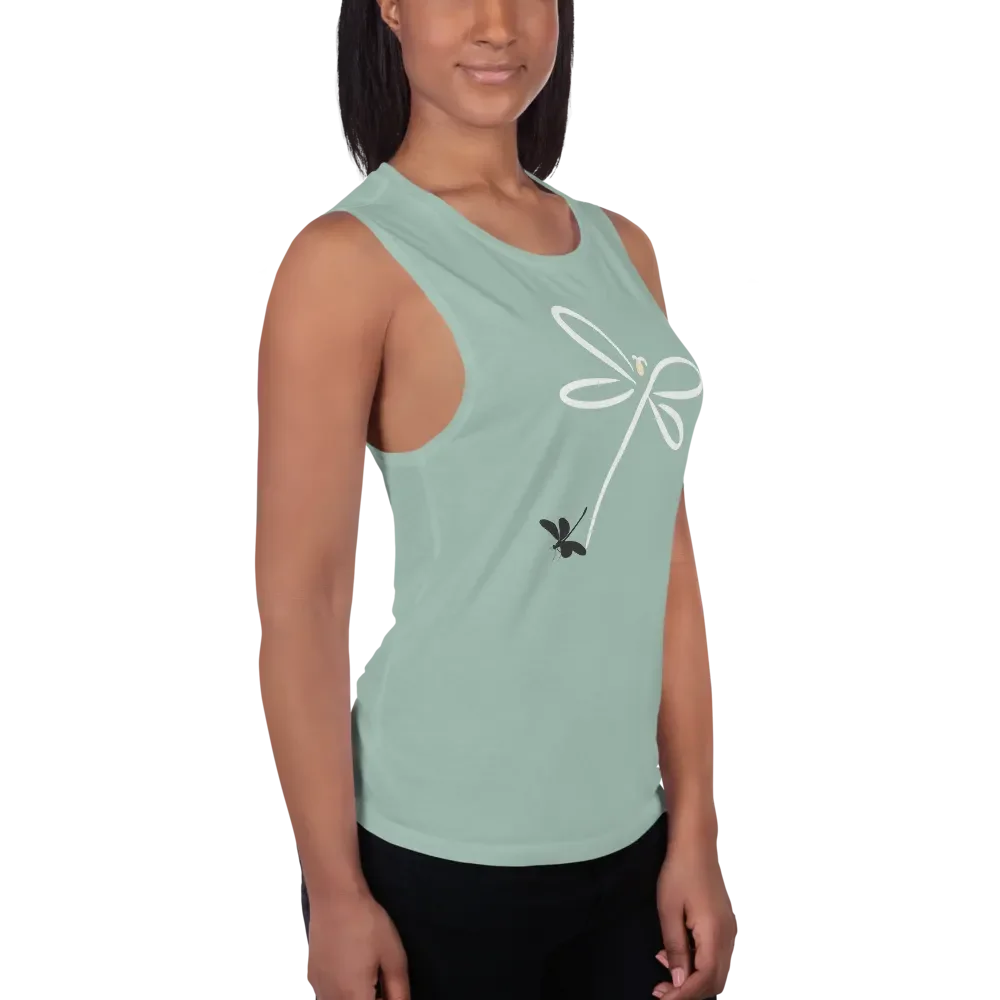 Womens flowy muscle tank top with stylish dragonfly design. Minimilist style product image (4)