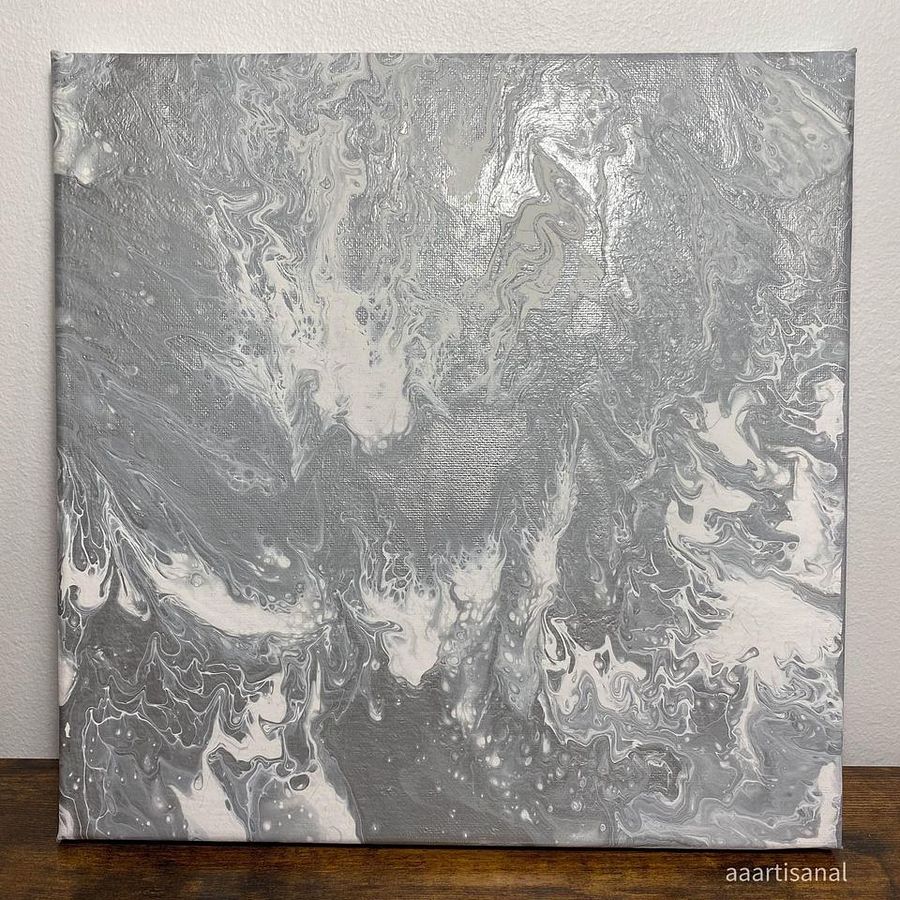 Silver & White Abstract Acrylic Pour Painting on 12x12 Inch Canvas product image (3)