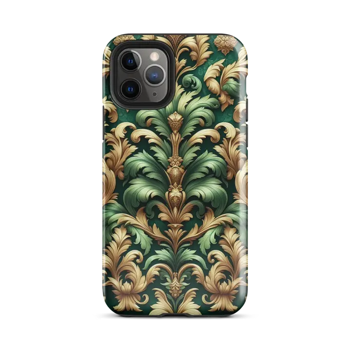 Tough Phone Case for iPhone® - Green and Gold Rococo Damask Floral Pattern product image (2)