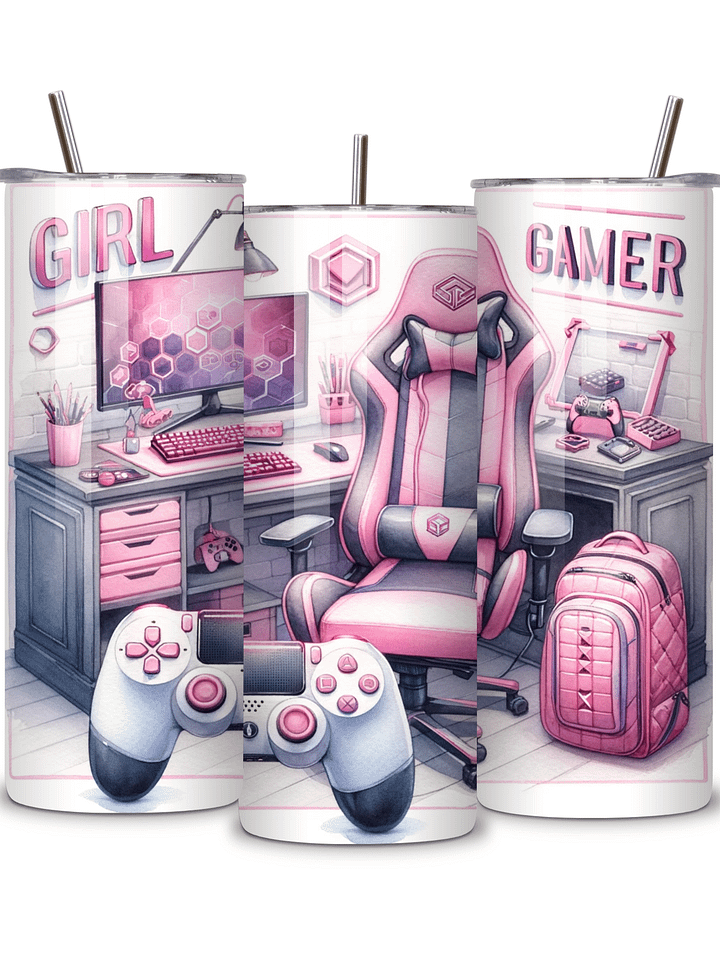 Girl Gamer 20oz Skinny Tumbler with Metal Straw – Stylish Pink Gaming Setup Design – Double-Walled Insulated Stainless Steel Tumbler for Hot & Cold Drinks, Perfect Gift for Female Gamers product image (2)