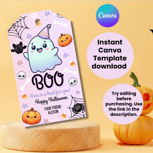 Pink Ghost Halloween Favor Tag | Hey Boo Cute Halloween Party | Instant Download | Canva Template product image (1)