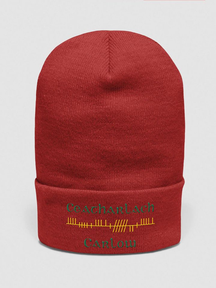 Carlow/Ceatharlach, Red with Green and Gold, Orthodox Style Ogham embroidered Cuffed Beanie product image (1)