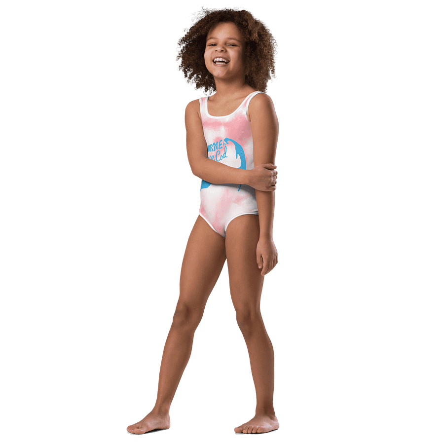 Girls' One-Piece Swimsuit | BOURNE to Cape Cod™ | Front Logo | Coastal Kids Swimwear | Blue Logo on Pink Tie-Dye product image (4)
