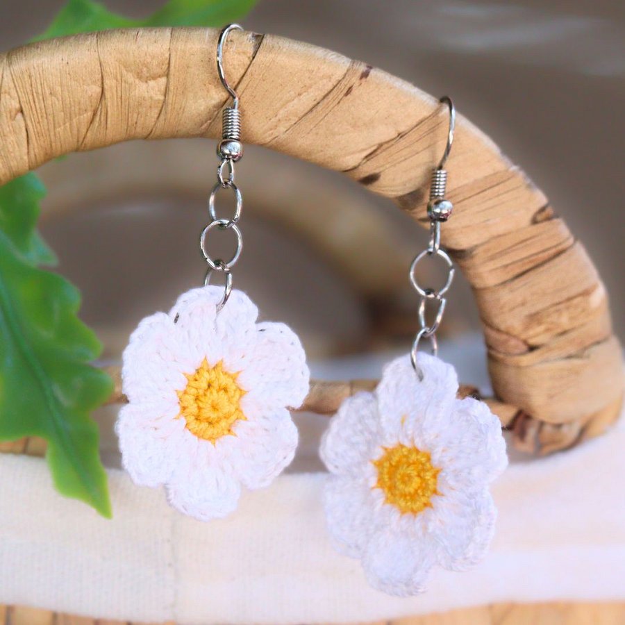 Handmade Crochet Daisy Earrings (Finished product ready to ship) product image (4)
