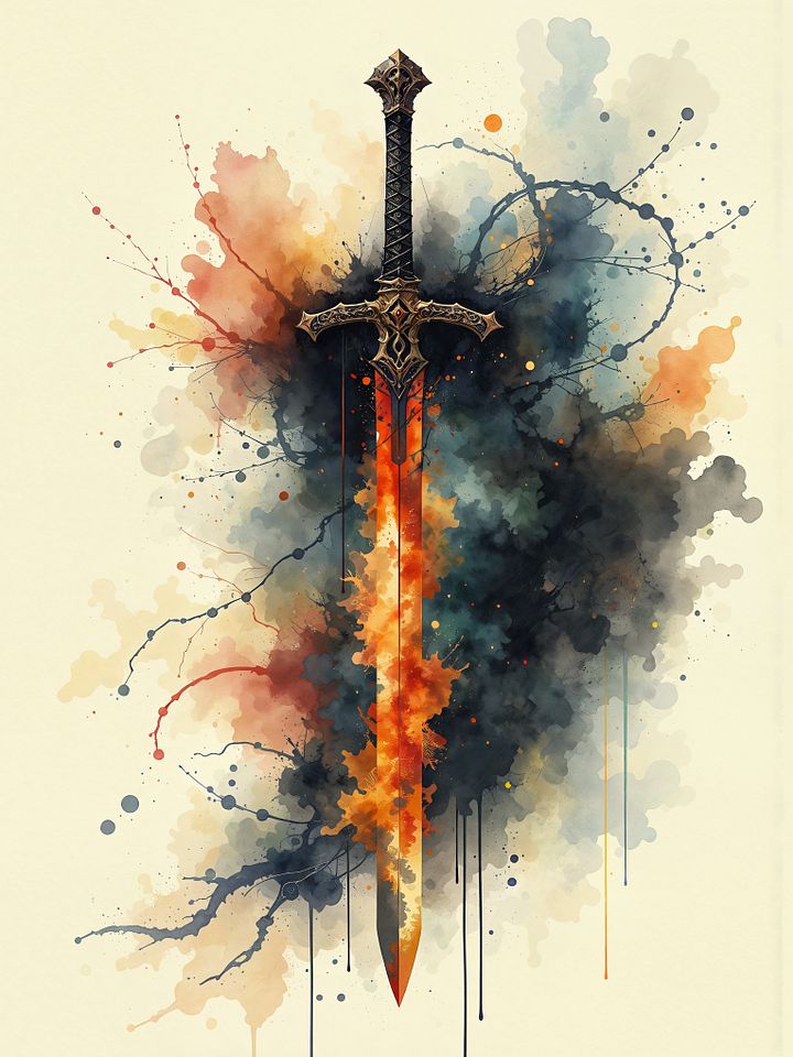 Flames of Valor - Sword Fantasy Watercolor Art Print product image (1)