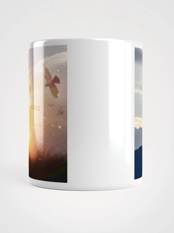 A cross standing against a serene landscape of rolling hills & a Radiant cross illuminated by a bright, golden light with glowing sunrise & doves Mug product image (2)