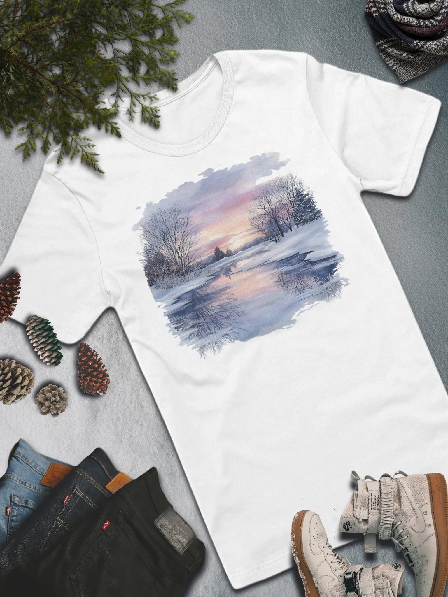 Winter Sunset Reflection T-Shirt – Serene Nature-Inspired Fashion product image (1)